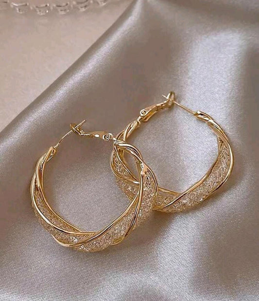 Unique gold mesh crystal hoop earrings