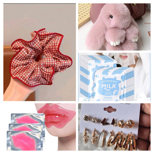 Set of 5gift combo 1 scrunchi, bunny keychain, 2 face mask, 2 lip mask, earring